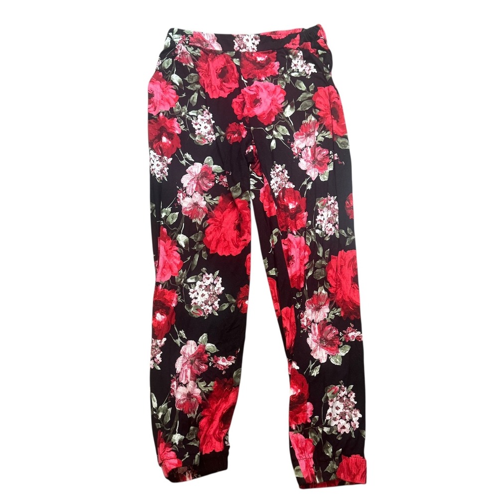 KATE & MALLORY Womens Large Black Floral Print Rayon Spandex Jogger Pants